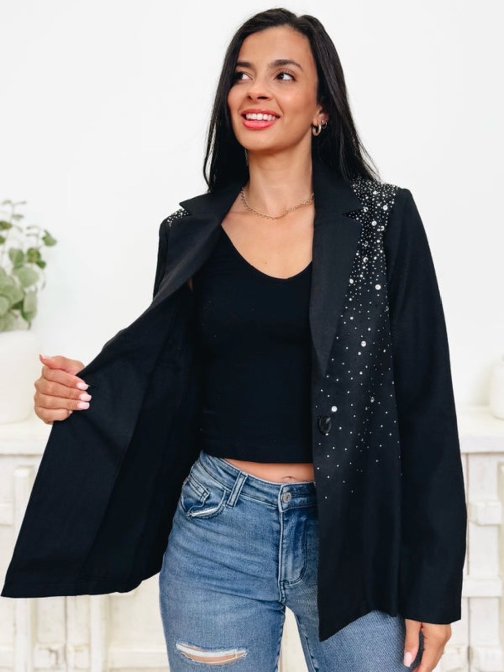 Hem & Thread Embellished Black Blazer Jacket - Women's